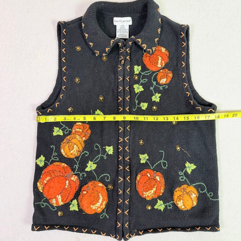 Vintage 90s Halloween Pumpkin Embroidered Beaded Sweater Vest Womens M Zip Front - Picture 7 of 14